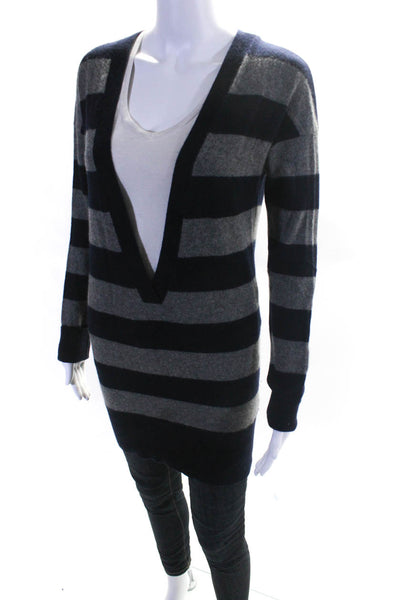 Vince Womens Navy Gray Cashmere Striped V-neck Long Sleeve Sweater Top Size M
