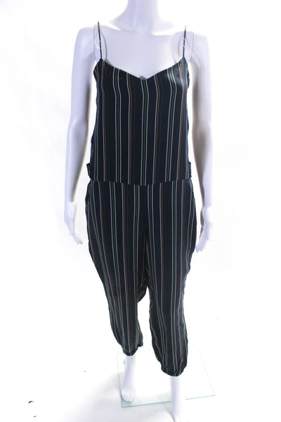 Theory Womens Navy Silk Striped V-neck Sleeveless Cuff Ankle Jumpsuits Size 6