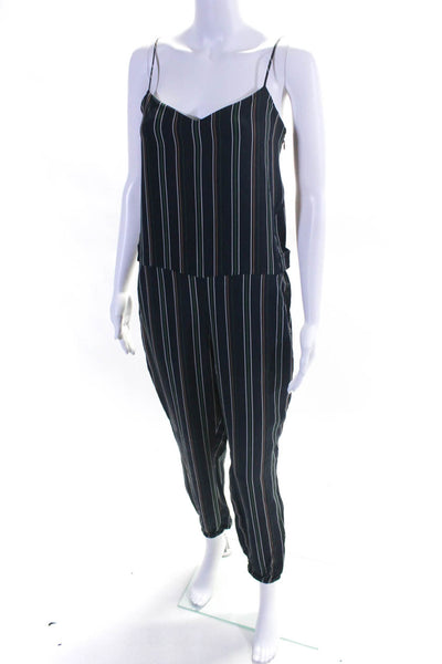 Theory Womens Navy Silk Striped V-neck Sleeveless Cuff Ankle Jumpsuits Size 6
