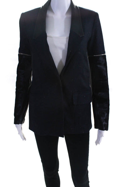 Yigal Azrouel Womens Navy Black Leather Trim Color Block One Button Blazer Size2