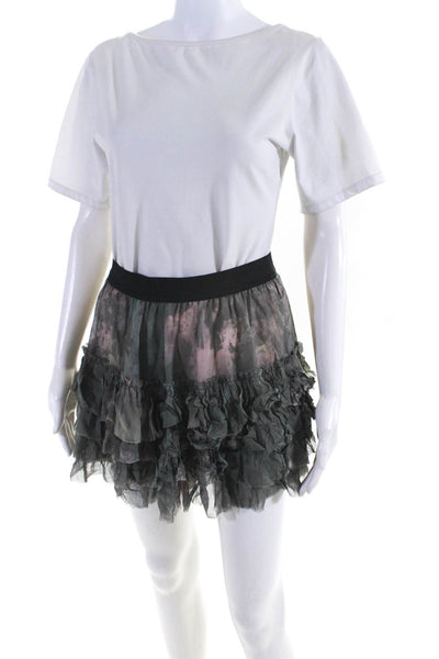 Edun Womens Chiffon Ruffled Elastic Waist A-Line Mini Skirt Green Size S