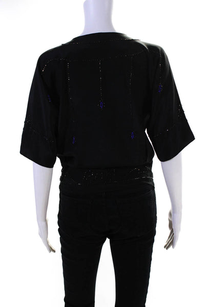 What Comes Around Goes Around Womens Silk Crepe Beaded Blouse Top Black Size XS