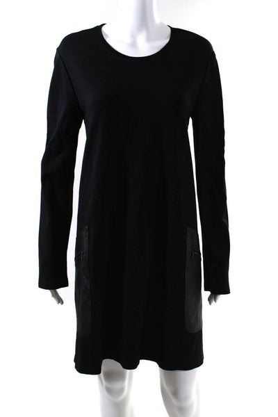 BCBGMAXAZRIA Womens Faux Leather Trimmed Long Sleeve Shift Dress Black Size M