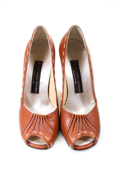 Rickard Shah Womens Peep Toe Ruched Leather High Heel Pumps Brown Size 35