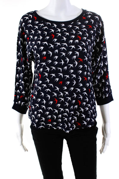 Maeve Anthropologie Womens Sparrow Printed Blouse Top Navy Blue Size 4