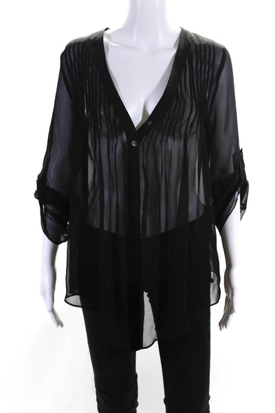 Romeo & Juliet Womens Chiffon Sheer Pleated Button Up Blouse Top Black Size M