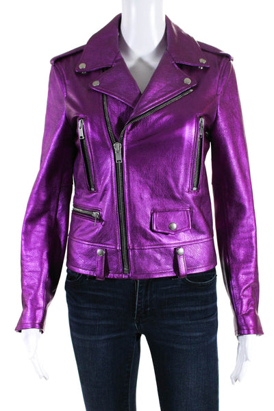 Saint Laurent Womens Collared Metallic Leather Motorcycle Jacket Pink Size FR 38