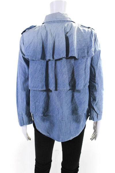 Amo Womens Blue Cotton Chambray Collar Layered Back Long Sleeve Shirt Size XS