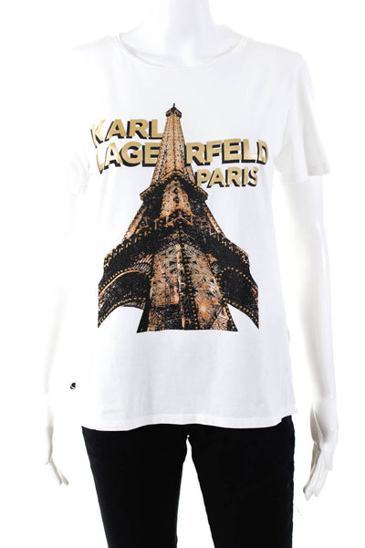 Karl Lagerfeld Paris Womens Solid Eiffel Tower Logo Tee Shirt White Size Small