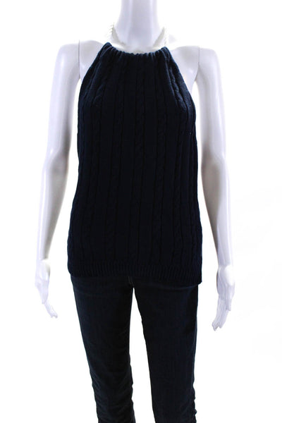 Milly Womens Cable Knit Halter Neck Top Navy Blue Size M