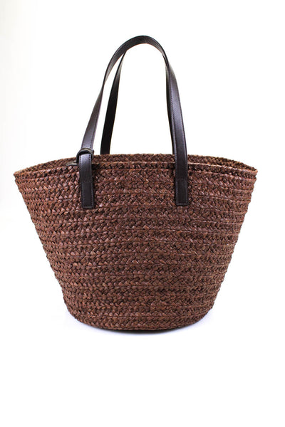YSL Womens Solid Circular Leather Strap Woven  Panier Tote Brown Size Large