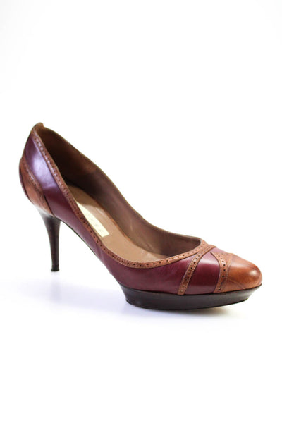 Pura Lopez Womens Stiletto Platform Cap Toe Pumps Red Brown Leather Size 37.5