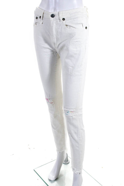 R13 Womens High Rise Distressed Fringe Skinny Jeans White Denim Size 29