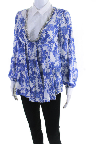 Francesco Scognamiglo Womens Lace Crystal Collared Floral Shirt White Blue IT 40