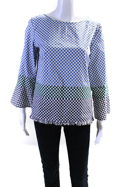 Marella Womens Checkered Poplin Long Sleeve Top Blouse Blue Green White Size 8