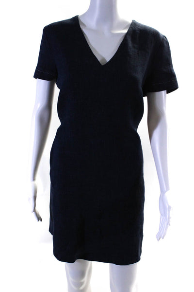 Les Copains Womens Short Sleeve V Neck Woven Shift Dress Blue Linen Size IT 44