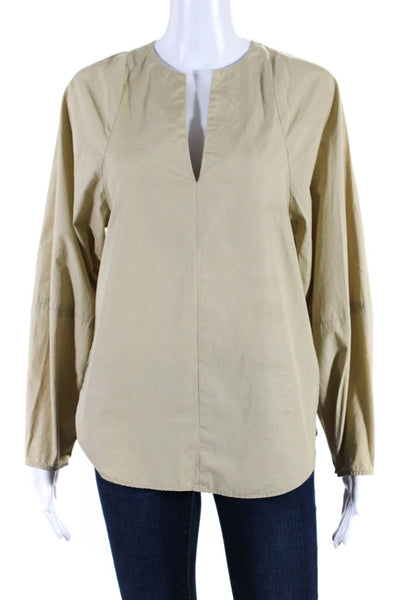 Vince Womens Long Sleeve V Neck Boxy Shirt Beige Cotton Size Extra Small