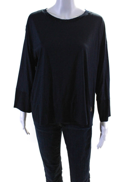 Les Copains Womens Long Sleeve Mixed Media Crew Neck Top Blouse Navy Size FR 40