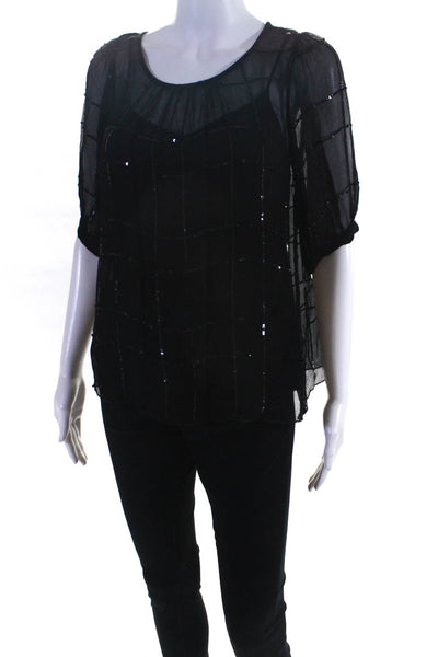 Velvet Womens Sequined Stripes Sheer Puff Sleeve Blouse Top Shirt Black Size S