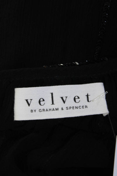 Velvet Womens Sequined Stripes Sheer Puff Sleeve Blouse Top Shirt Black Size S