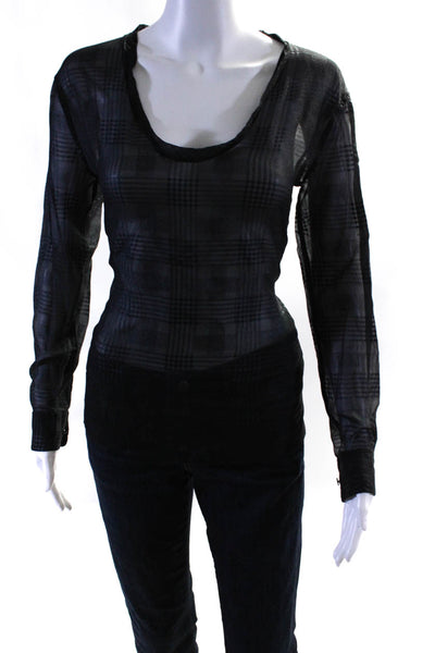 Equipment Femme Womens Sheer Plaid Buttoned Long Sleeve Blouse Black Size XS