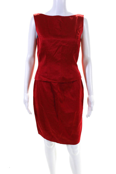 Carmen Marc Valvo Womens Striped Darted Tank Top Midi Skirt Set Red Size 8