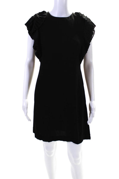 Maje Womens Pleated Ruffle Crew Neck Cap Sleeve A-Line Mini Dress Black Size 2
