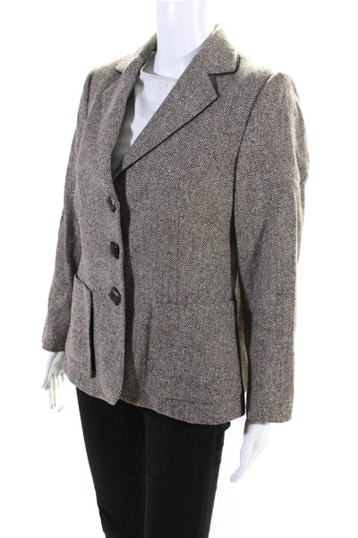 Les Copains Womens Herringbone Wool Notched Collar Blazer Jacket Brown Size 48