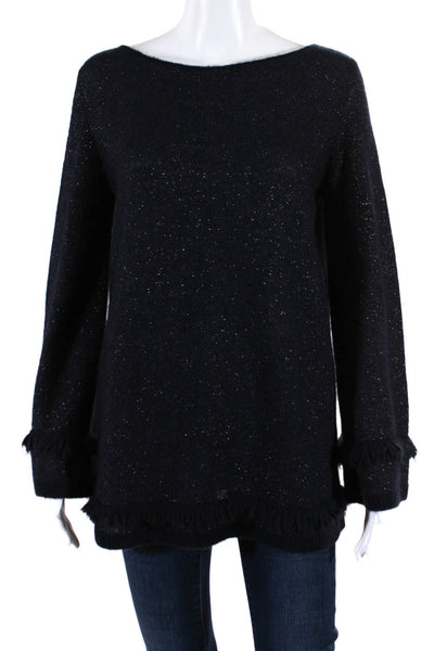 D Exterior Womens Frayed Glitter Bell Sleeve Pullover Sweater Navy Size S