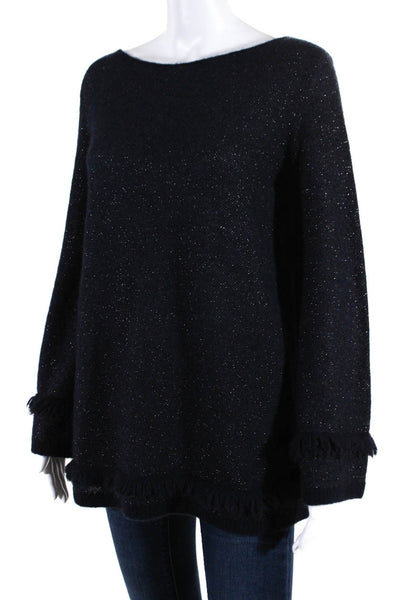 D Exterior Womens Frayed Glitter Bell Sleeve Pullover Sweater Navy Size S