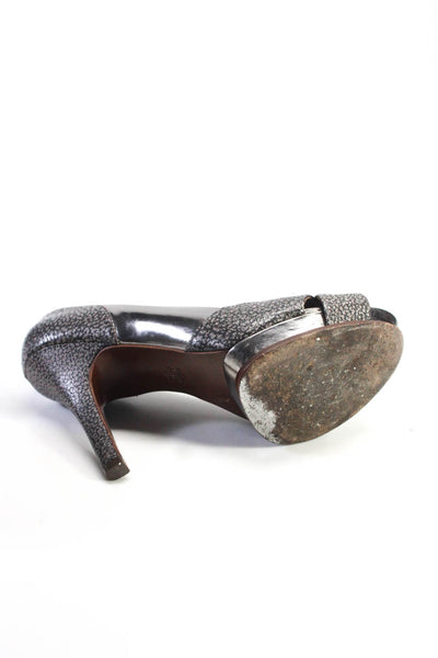 BCBG Max Azria Womens Metallic Leather Peep Toe Platform Pumps Gray Size 7