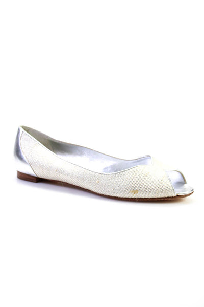 Ralph Lauren Collection Womens Leather Peep Toe Flats Silver Size 10.5