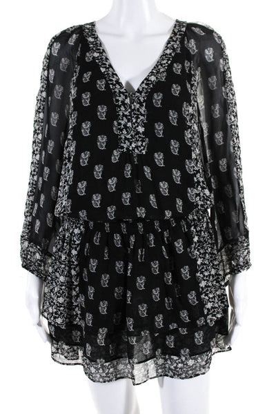 Joie Womens Black Silk Floral V-neck Long Sleeve Smocked Shift Dress Size XS