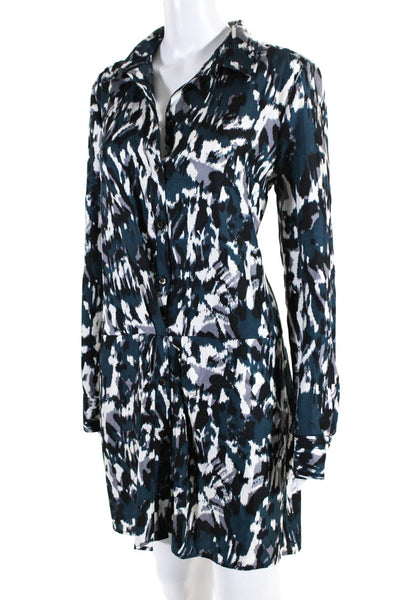 Thakoon Addition Womens Blue Silk Printed Collar Long Sleeve Shift Dress Size 8