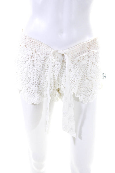 Letarte Handmade Women Drawstring Open Crochet Knit Short Shorts White Small