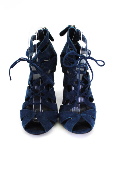 Delman Womens Blue Suede Peep Toe Lace Up Strappy Sandals Shoes Size 7M