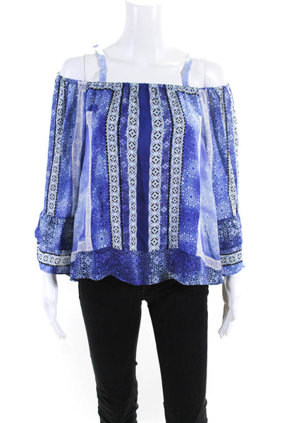 Parker Womens Blue Silk Printed Cold Shoulder Long Sleeve Blouse Top Size XS