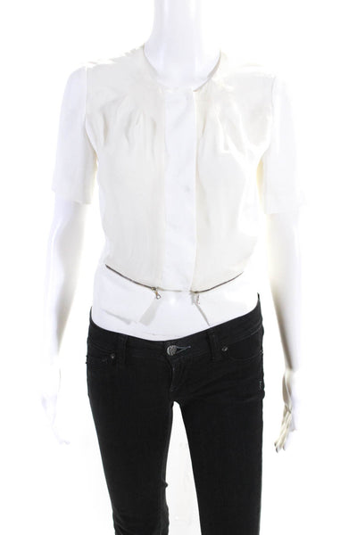 J Brand Womens White Crew Neck Full Zip Short Sleeve Blouse Top Size XS