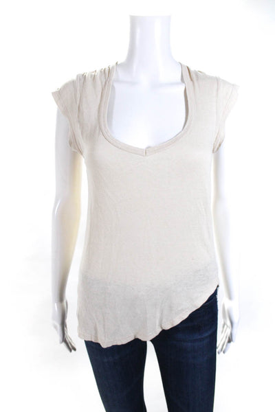 Etoile Isabel Marant Womens Short Sleeve V Neck Tee Shirt Beige Linen Size Small