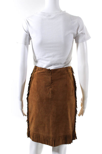 Blue Les Copains Womens Solid Suede Leather Fringe Detailed Zip Skirt Brown Size