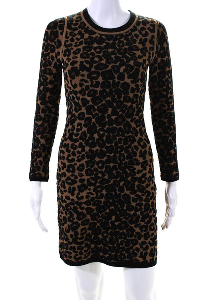 ALC Womens Crew Neck Tight Knit Leopard Print Sweater Dress Brown Size XS