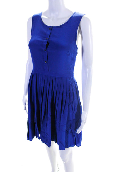 Madewell Womens Blue Silk Scoop Neck Pleated Sleeveless Fit & Flare Dress Size 2