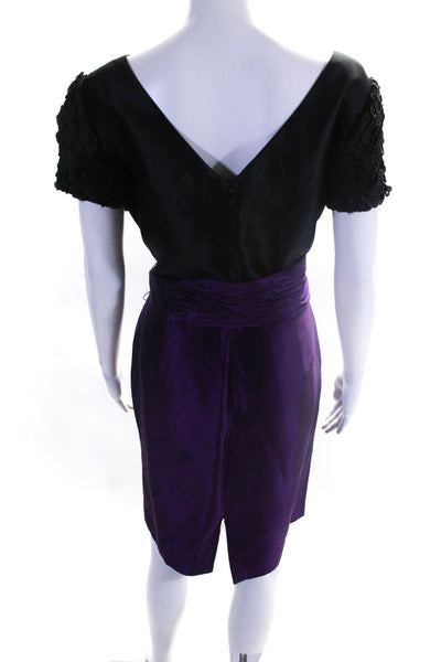 Chetta B Womens Black Purple Floral Belted Short Sleeve Shift Dress Size 12
