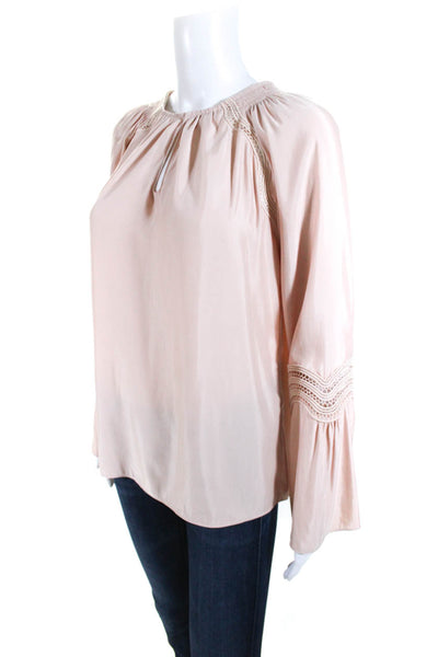 Ramy Brook Womens Lace Trim Bell Sleeve Y Neck Top Blouse Light Pink Size Small
