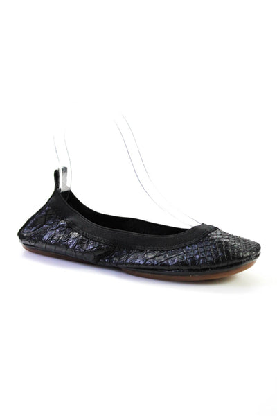 Yosi Samra Womens Black Leather Snakeskin Print Ballet Flat Shoes Size 6