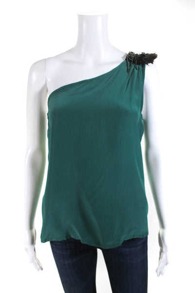 Karina Grimaldi Womens Silk Feather Accent One Shoulder Blouse Top Green Size S