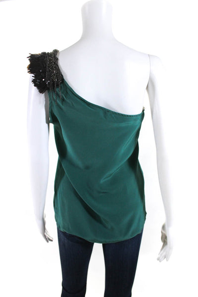Karina Grimaldi Womens Silk Feather Accent One Shoulder Blouse Top Green Size S