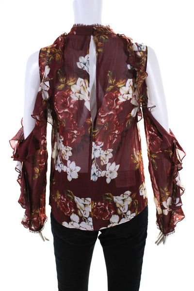 Nicholas Womens Long Sleeve Cold Shoulder Silk Floral Shirt Red White Size XS
