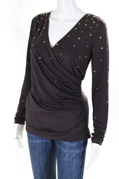 Carmen Marc Valvo Womens V Neck With Studded Accents Long Sleeve Top Gray Size M