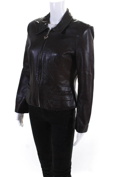 Shari's Womens Collared Long Sleeve Zip Up Leather Jacket Dark Brown Size 4